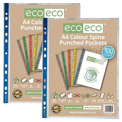 Abbildung von eco eco093x2 Klarsichthüllen, A4, 100% recycelt, mehrfach gelocht, 45 Mikrometer, 2 Packungen mit je 100 Stück