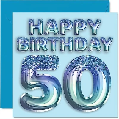Abbildung von Stuff4 Geburtstagskarte zum 50. Geburtstag für Männer Blauer Glitzer Partyballon Happy Birthday Karten 50 Jahre alten Mann, Onkel, Großvater, Vater, Opa Oma, 145 mm x