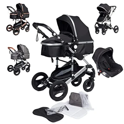 Abbildung von Bronea EXQUISE Kombi Kinderwagen 3 in 1 INKL. MATRATZE FARBAUSWAHL Buggy, Auto Babyschale, Zusammenklappbar mit Wickeltasche, Regenschutz, Mückenschutz &amp; Sonnenschutz, Farbe:grey/schwarz