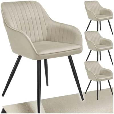 Abbildung von tectake® Samt Stuhl, Esszimmerstuhl mit Samtstoff, Küchenstühle modern, gemütlicher Sessel Wohnzimmer, Armlehnstuhl Esszimmer, Dining Lounge, Schminktisch Stuhl Creme/schwarz, 4er Set