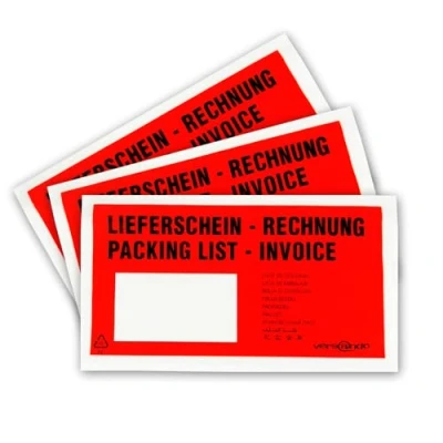 Abbildung von versando basics 1000 Lieferscheintaschen selbstklebend DIN lang rot/schwarz bedruckt: &quot;Lieferschein/Rechnung&quot;
