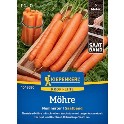 Abbildung von Kiepenkerl Profi Line Möhrensamen Nominator 1043680 Gemüsesamen für Möhren mit einer Rübenlänge von 16 bis 20 cm und einem Inhalt 5 lfd. Meter Saatband