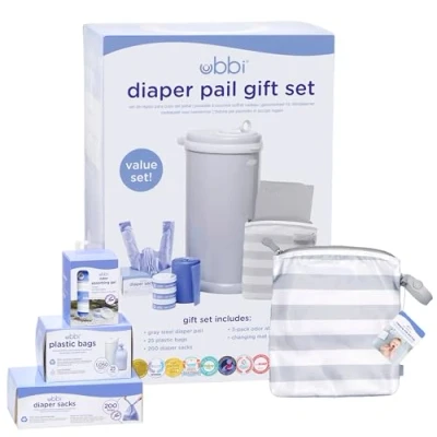 Abbildung von Ubbi Diaper Changing Value Set, Odor Locking Modern Design Baby Accessory Must Have Set Includes Grey Pail, Sacks, Absorbing Gel, Travel Chaning Mat and Pail Waste Bags