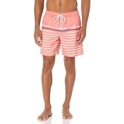 Abbildung von Amazon Essentials Herren Badehose, Schnell Trocknend, 18 cm Auslauffarben, Blau Korallenrosa Platzierter Streifen, M