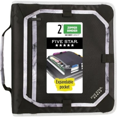 Abbildung von Five Star Reißverschluss Ordner, 5,1 cm 3 Ringbuch für Schule, Erweiterungsplatte und Fächer, 580 Blatt Kapazität, schwarz/grau (29052IT8)