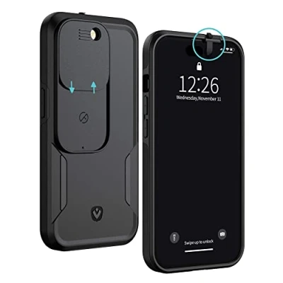 Abbildung von Spy Fy iPhone 14 Pro Hülle mit Schiebekamera Abdeckung Vorne und Hinten Schütze Deine Privatsphäre 2 Meter Fallschutz Matt Schwarz Kamera Valenta