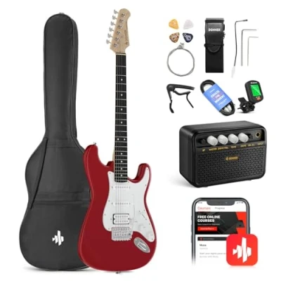 Abbildung von Donner E Gitarre Set 39 Zoll mit Verstärker, Tasche, Capo, Gurt, Saiten, Tuner, Kabel und Plektren (Rot)