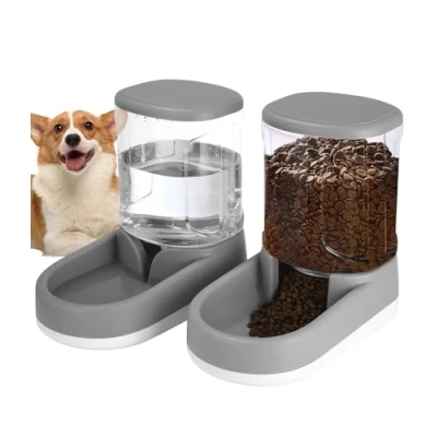 Abbildung von Automatisches Futter und Wasserspender für Hunde, Katzen, Futterspender Wasserspender, 2X 3,8 L, kleine, mittelgroße große Haustiere, Welpen, Kätzchen, Grau