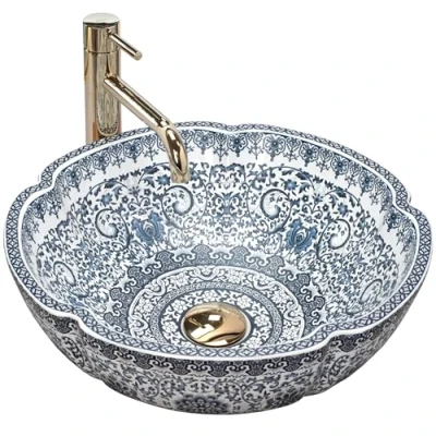Abbildung von wohnwerk.idee Aufsatzwaschbecken Waschbecken Vintage Blau Ornamente Vivien