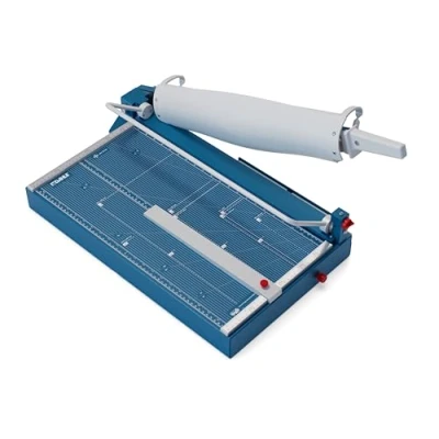 Abbildung von Dahle 597 Hebel Schneidemaschine mit manueller Bügelpressung und Werkstoffmesser (550 mm bis DIN A3, Schnitthöhe 3,5 mm, Metalltisch) Blau
