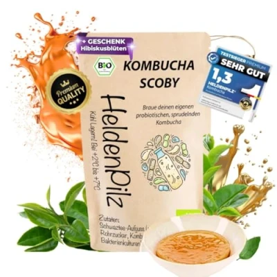 Abbildung von HeldenPilz® Organic Kombucha Scoby WACHSTUMSSTARKER TEEPILZ + Ansatzflüssigkeit Geschenk Herstellung bis 6 Liter 100% Natürlich Bio nachhaltig und plastikfrei verpackt