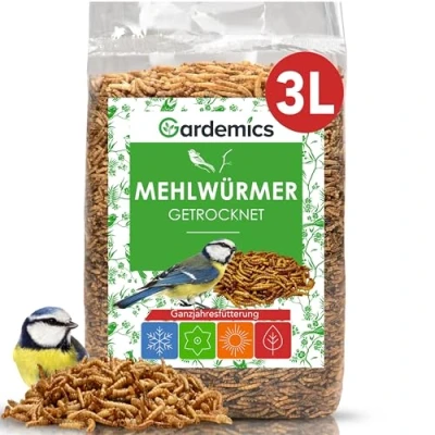 Abbildung von Gardemics Mehlwürmer getrocknet 3 Liter 460g Premium Insektenfutter für Vögel, Fische, Schildkröten, Nager, Igel, Reptilien, Vogelfutter