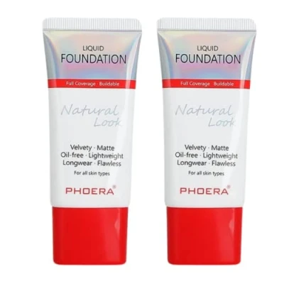 Abbildung von Glamza Phoera Foundation Make up Set mit vollständiger Abdeckung 24 Stunden lang anhaltende Ölkontrolle dieselbe Foundation, intelligentere Verpackung inkl. 2 x 30 ml (104A Natural