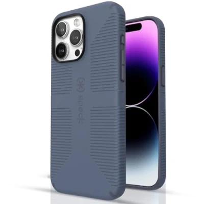 Abbildung von Speck Schutzhülle für iPhone 15 Pro Max gebaut MagSafe, Fallschutz, Kratzfest, weich, 17,5 cm (6,7 Zoll), CandyShell Grip Mystery Blue/Faded Denim