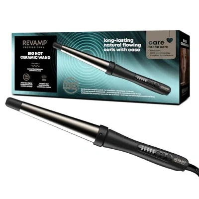 Abbildung von Revamp Progloss Big Wand Beheizter Lockenstab mit Ionen Technologie für lose Locken und Wellen, 32 19mm konischer Keramikzylinder, Standfuß, hitzebeständigem Handschuh Abschaltautomatik