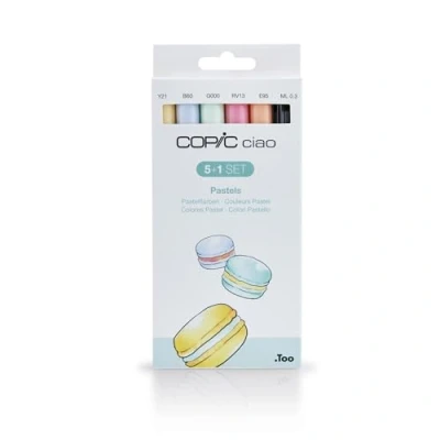 Abbildung von COPIC Ciao Marker 5+1 Set &quot;Pastellfarben&quot;, 5 Allround Layoutmarker mit einer mittelbreiten und Brush Spitze, inkl. 1 Multiliner 0,3 mm