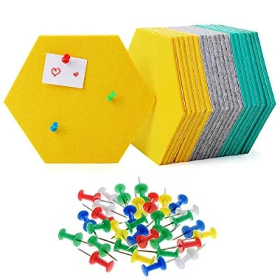 Abbildung von HonGien 21 Stück Filz Pinnwand Sechseckig,Sechseckig Memoboard,Pinnwand Kork mit 30 Mehrfarbigen Pushpins,Korkplatte für Foto Hängen,Heim Büro Klassenzimmer,See Blau Gelb und Grau