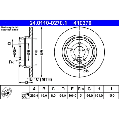 Abbildung von ATE 24.0110 0270.1 Bremsscheibe 280,0 10,0 5 100,0 voll beschichtet ROVER: 75, 75 Tourer, MG: ZT T Kombi, Limousine