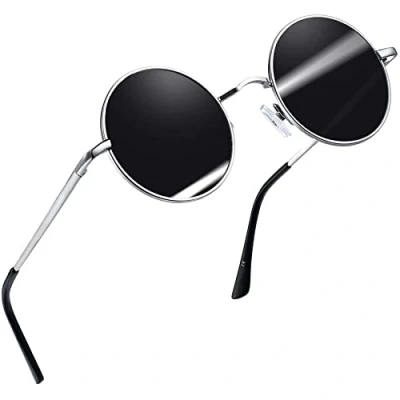 Abbildung von Joopin Klassische Runde Sonnenbrille für Herren Vintage Polarisierte Rund Schwarz Hippie Brille Damen UV400 Schutz (Silber Schwarz)