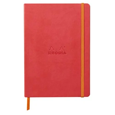 Abbildung von Rhodia 117380C Notizheft Softcover Rhodiarama DIN A5 (14,8x21 cm), 80 Blatt, liniert Clairefontaine Papier Elfenbein 90g Lesezeichen, Gummizugverschluss, Cover aus Kunstleder Korallenrot, 1 Stück