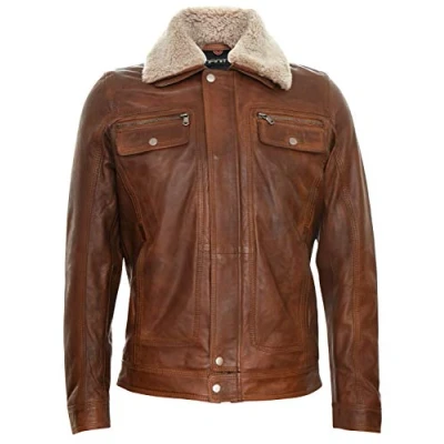 Abbildung von Infinity Leather Herren Lederjacke Bräunen Trucker Abnehmbarer Schaffell Sherpa Kragen Casual Jeans Mantel 4XL