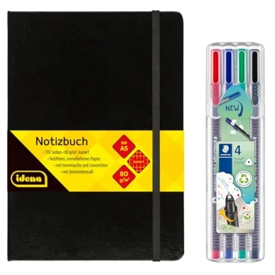 Abbildung von Idena 90325 Notizbuch DIN A5 mit 192 Seiten, kariert, inkl. 4 STAEDTLER Triplus Fineliner superfeiner, metallgefasster Spitze, 0.3 mm