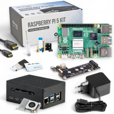 Abbildung von Raspberry Pi 5 8GB PCIe M.2 NVMe Set Metallgehäuse Active Cooler SSD Board Offizielles USB C 27W Netzteil 64GB SD Karte 4K Micro HDMI Kabel