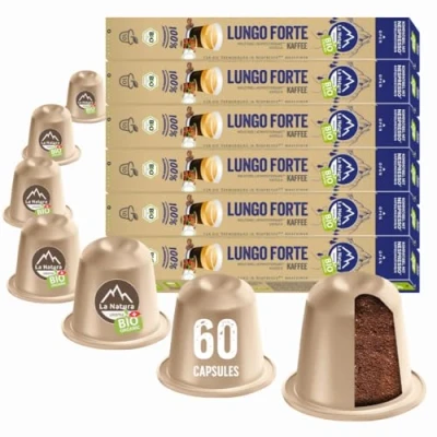 Abbildung von La Natura Lifestyle BIO KAFFEE LUNGO FORTE Kaffeekapseln kompatibel mit Nespresso Kapselmaschinen 60 Stück Umweltfreundlich 100% Industriell Kompostierbar²