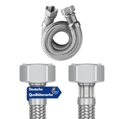 Abbildung von DVGW geprüfter Flexschlauch 3/8 und 1/2&quot; inkl. Dichtungen Anschlussschlauch Armatur Armaturenschlauch Verlängerung Panzerschlauch (3/8 Zoll Überwurfmutter Beidseitig, 60 cm)