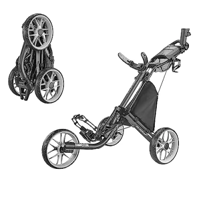 Abbildung von CaddyTek EZ Tour Quickfold Deluxe 3 Rad Golftrolley Golfcaddy komplett mit Kühltasche Modell 2020 (schwarz grau)