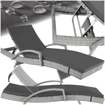 Abbildung von tectake® Polyrattan Sonnenliege, Gartenliege mit 5 Fach Verstellbarer Rückenlehne, wetterfest, Outdoor Relaxliege weicher Polsterauflage, Rattanliege für Garten, Balkon und Terrasse hellgrau