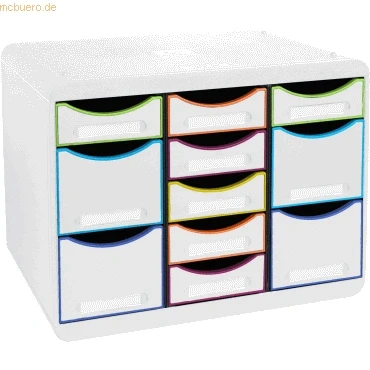Abbildung von Exacompta 313913D Ablagebox Harlekin aus Recycling Kunststoff mit 11 individuell platzierbaren Schubladen. Schubladenbox im Querformat für mehr Ordnung. Store Box Multi Blauer Engel weißbunt