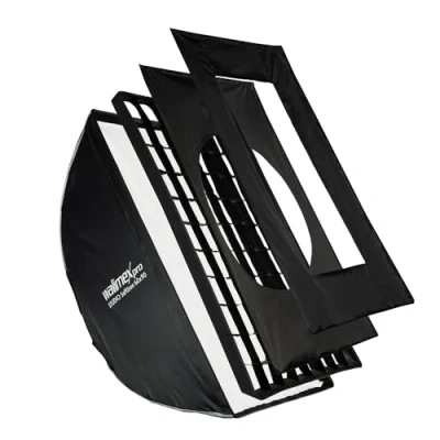 Abbildung von Walimex pro Studio Softbox 60x90cm, um 360 drehbar, einfacher Aufbau dank Schirmfunktion, inkl. Grid, Masken, Bowens Adapter und Transporttasche, ideal für Produkt Peoplefotografie