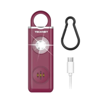 Abbildung von TECKNET Persönlicher Alarm, Taschenalarm mit 130 dB Sirene und LED Signalleuchte, USB Type C wiederaufladbar Schlüsselanhänger für Frauen, Sicherheitsalarm Kinder/Frauen/Ältere/Studenten (Rot)