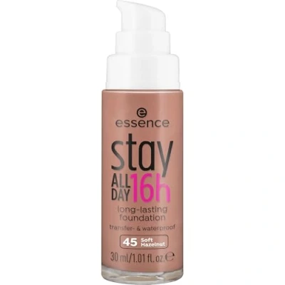 Abbildung von essence stay ALL DAY 16h long lasting Foundation, Make Up, Nr. 45 Soft Hazelnut, braun, für Mischhaut, langanhaltend, mattierend, weichzeichnend, matt, vegan, ölfrei, wasserfest (30ml)