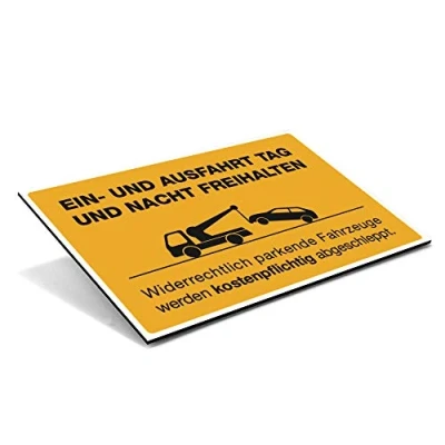 Abbildung von (Signalgelb, Schild Alu Verbund 300x200x4 mm) Hinweis /Text: EIN / AUSFAHRT TAG &amp; NACHT FREIHALTEN! Widerrechtlich parkende Fahrzeuge werden kostenpflichtig abgeschleppt. /Piktogramm