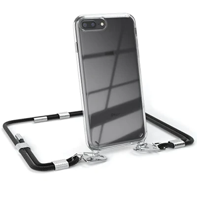 Abbildung von EAZY CASE kombinierbare Handyketten kompatibel mit iPhone 7 Plus / 8 Plus, Transparente Silikon Hülle stylischen rundem Umhängeband, Abnehmbarer Karabiner, Umhängetasche, Schwarz Clips Silber