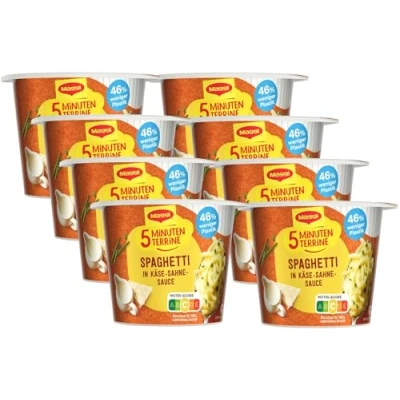 Abbildung von Maggi 5 Minuten Terrine Spaghetti in Käse Sahne Sauce, leckeres Fertiggericht, Instant Nudeln, mit würzigem Speck &amp; Parmesan, 8er Pack (8 x 62g)