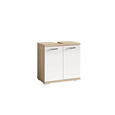 Abbildung von byLIVING Waschbeckenunterschrank Nebraska/Sonoma Eiche Optik hell braun / 2 Türen Hochglanz weiß lackiert/Bad Waschtisch Unterschrank stehend/WABU türig/B 60, H 59, T 31,5 cm