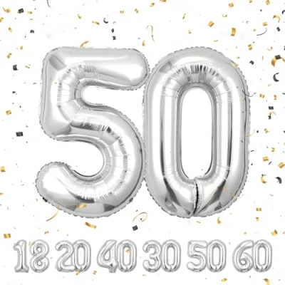 Abbildung von Geburtstag zahlen luftballon 50 jahre Folienballon Sliber in 40&quot; 101cm Geburtstagsdeko Ballon Zahl Deko zum fliegt mit Helium für Männer Frauen 50.Geburtstags
