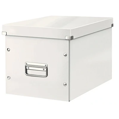 Abbildung von Leitz Click &amp; Store Aufbewahrungsbox mit Deckel Groß, Würfelbox passend für Kallax Regale in Wohnzimmer oder Büro, Box aus 80 % recycelter Premium Hartpappe, Stabile Metallgriffe, Weiß, 61080001