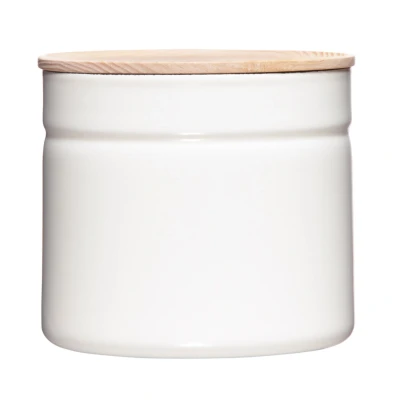 Abbildung von Riess, 2174 212, Vorratsdose mit Eschenholzdeckel, Durchmesser 13 cm, Höhe 12 Inhalt 1350 ml, PURE WHITE, KITCHEN MANAGEMENT, Truehomeware, Emaille