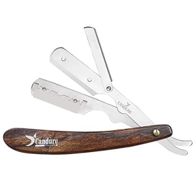 Abbildung von Candure Rasiermesser Herren mit Wechselklinge Edelstahl Extra Scharfe Profi Klingen für Präzisen Formen und Schneiden Bart Barber Friseur Messer Holzgriff &amp; 10 Rasierklingen 13cm