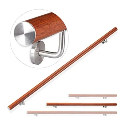 Abbildung von Relaxdays Handlauf Aluminium, rund, Treppengeländer innen, außen, Eiche Optik, 150 cm, Ø 42mm, mit Wandhalterung, braun