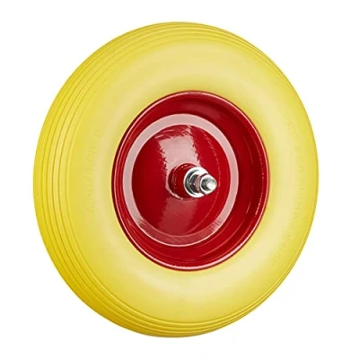 Abbildung von Relaxdays Schubkarrenrad Vollgummi mit Achse, 4.80 4.00 8 Gummirad, pannensicher, 100 kg Tragkraft Ersatzrad, gelb rot, 39 x 9 cm