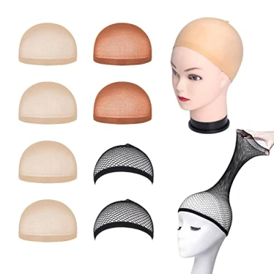 Abbildung von 8 Perückenkappen, Unisex Make up 4 Stück farbige Nylon Haarkappen + 2 braune und schwarze Perückennetze, Perückenstrümpfe.