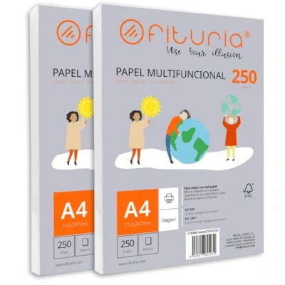 Abbildung von Packung mit 500 weißen DIN A4 Blättern, 250g Druckerpapier. Multifunktionales Kopierpapier für Schule und Büro. Ideal Laserdrucker, Tintenstrahldrucker oder Kopierer Ofituria