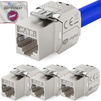 Abbildung von HB DIGITAL 4x CAT 8 Keystone RJ45 Modul Buchse für LAN Kabel GHMT Zertifiziert 40 Gbit/s bis 2000 MHz AWG 22 26 werkzeuglos LSA vollgeschirmt STP Einbaubuchse Patchpanel und Netzwerkdose