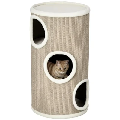 Abbildung von PawHut Kratztonne, Katzenkratzbaum mit 3 Höhlen, Spieltonne für Katzen, Braun