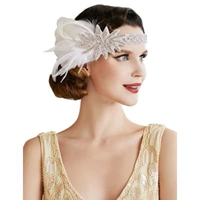 Abbildung von BABEYOND Damen 1920er Feder Stirnband 20er Jahre Stil Flapper Charleston Haarband Great Gatsby Fasching Kostüm Accessoires mit Satin Band Weiß